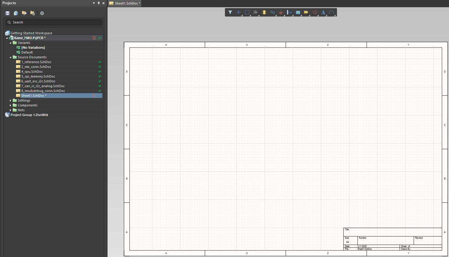 A new schematic sheet is added to the project tree and opened in the workspace