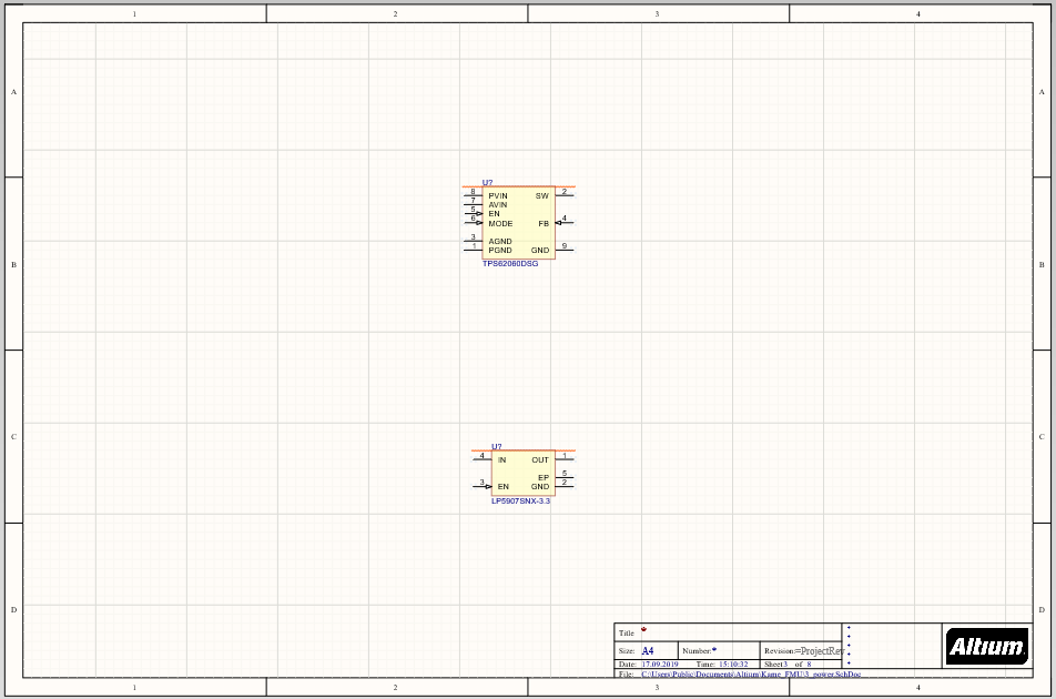 Components TPS62060DSG and LP5907SNX-3.3 placed on schematic
