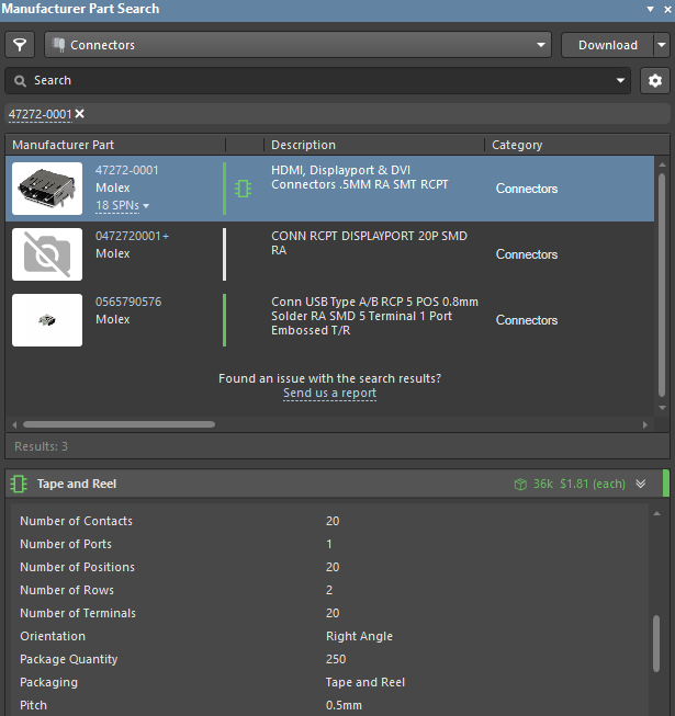 Component found based on part number