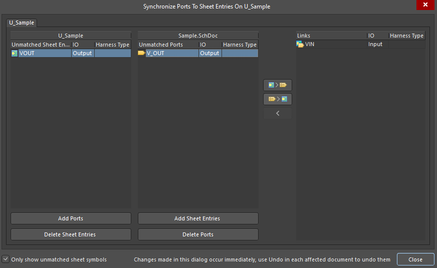 Synchronize Ports to Sheet Entries dialog
