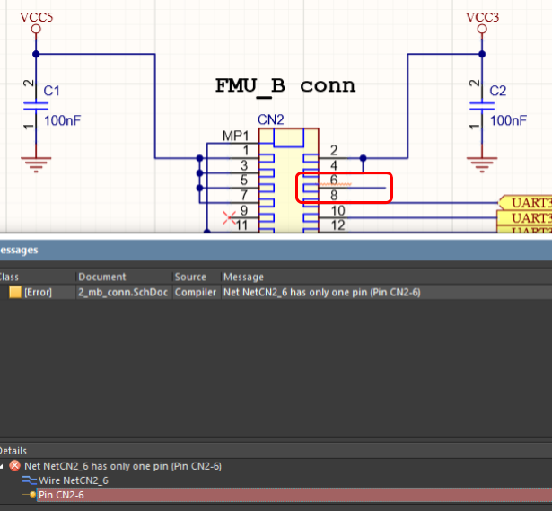 Pin 6 of the CN2 component violates the rules. If we are sure that there is no violation, we can exclude this pin by placing a No ERC directive.