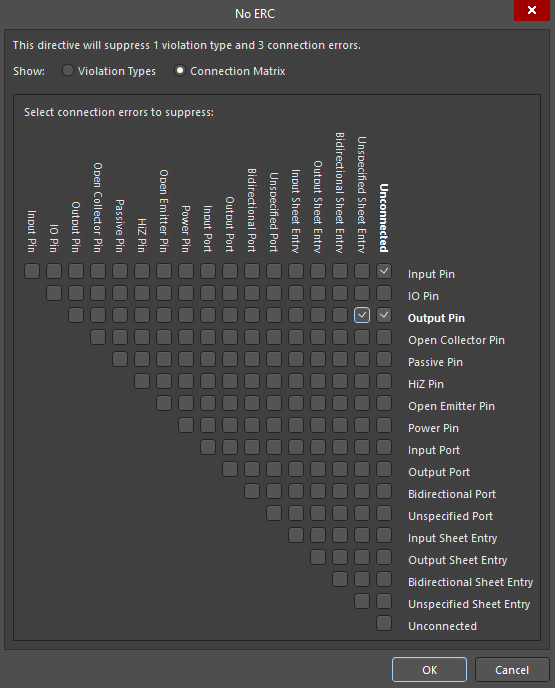 Connection Matrix for selecting suppressed connections based on their type