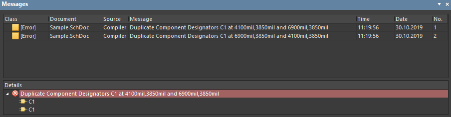 Error if components with the same designators are placed on schematic