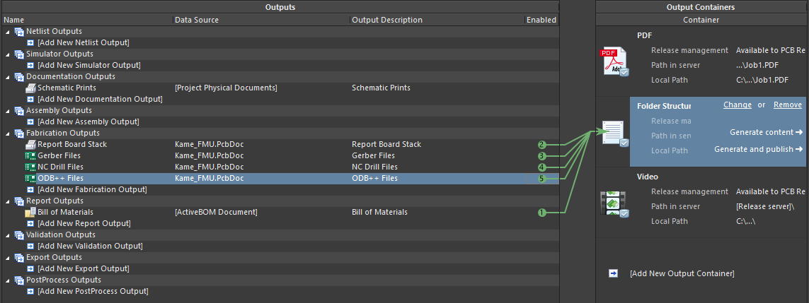 Enabled output container for Report Board Stackup, Gerber, NCDrill and ODB++ files
