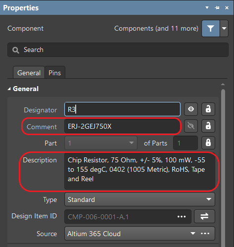 Comment and Description Parameters in the Properties panel