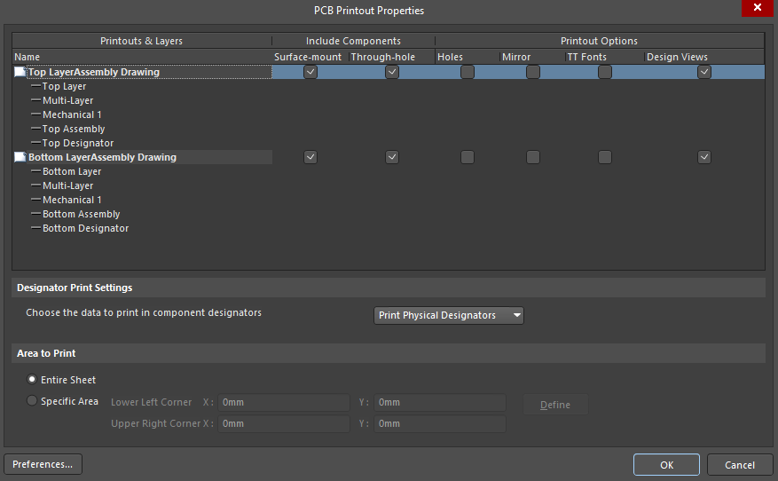 PCB Printout Properties dialog for proper  and clean PCB assembly drawing output