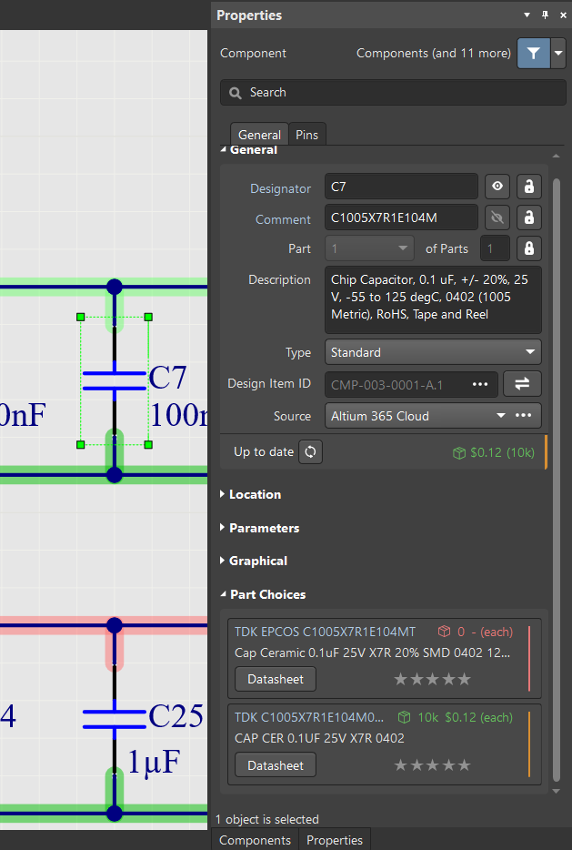 Part Choices Entries in the Properties Panel