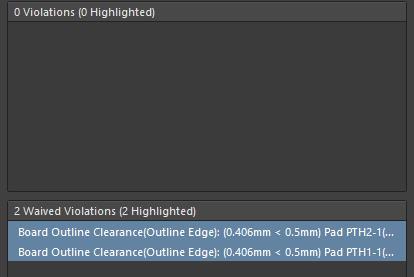 Waived violations are selected in the PCB Rules And Violations panel