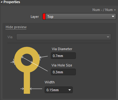 Track and via configurations in the Properties panel