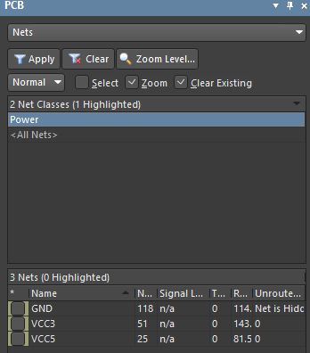 Power net class is selected in the PCB panel