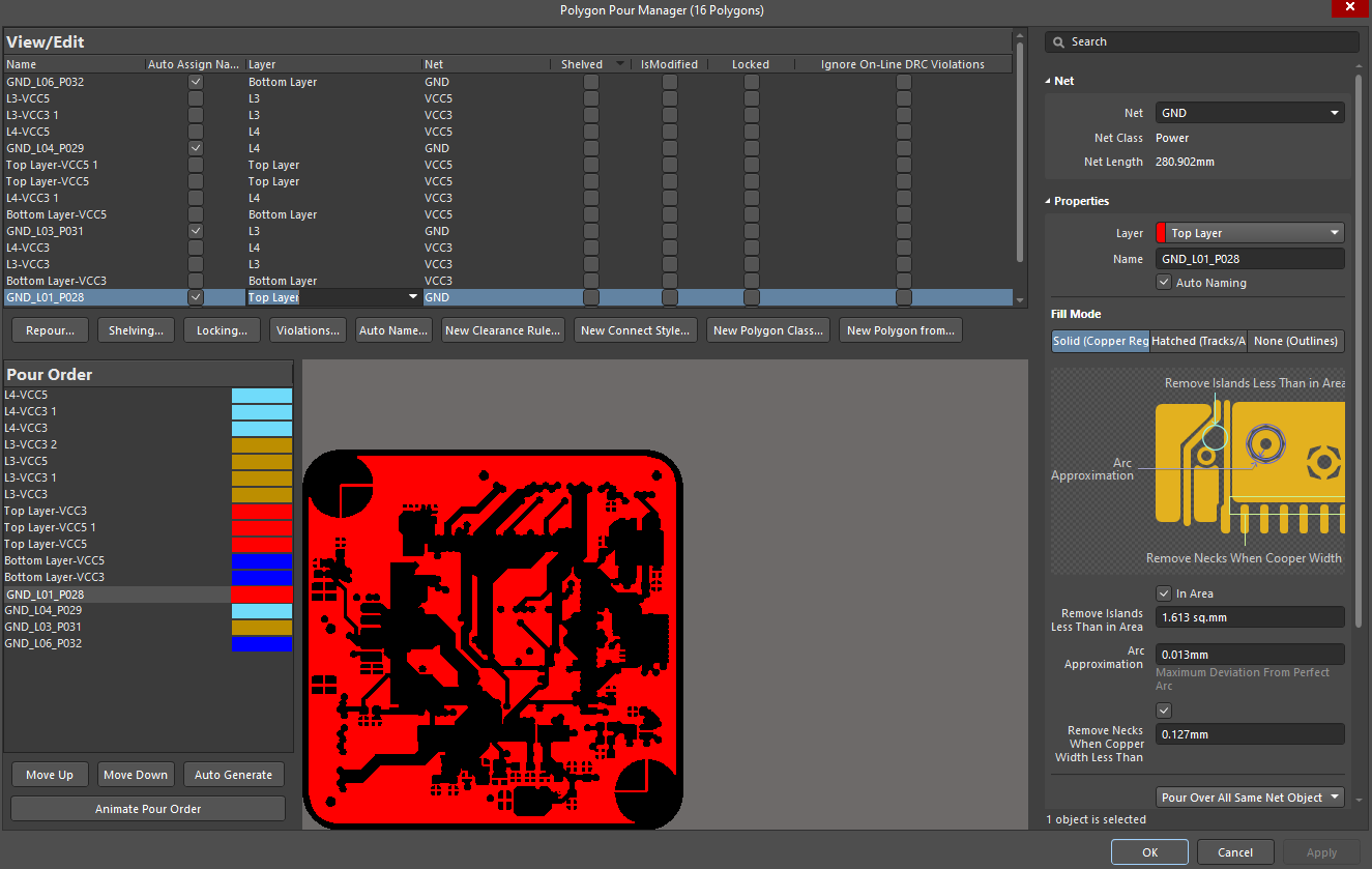 The Polygon Pour Manager dialog with the GND polygon for the Top Layer and a defined net name.