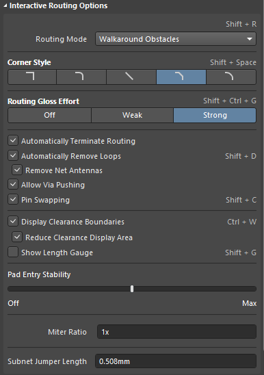 Interactive Routing Options in the Properties panel