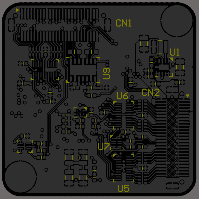 Bottom Overlay layer is active; the Bottom Layer is dimmed. Designators for CN1, CN2, U1, U5, U6, and U7 are placed.