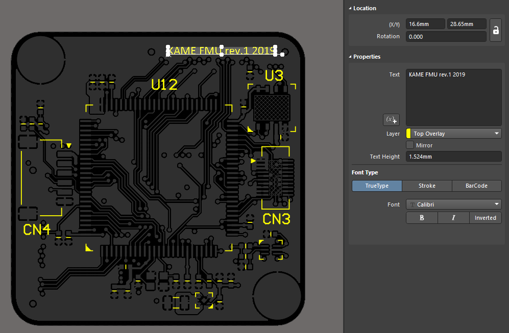 Text string with project name is placed on the Top Overlay layer