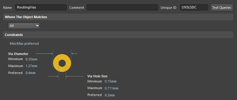Routing vias rule configuration