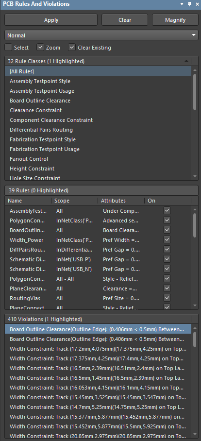 PCB Rules And Violations panel 