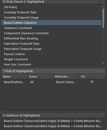 After selecting the Board Outline Clearance rule class, the sections below  show the relevant rule and the list of objects that break this rule.