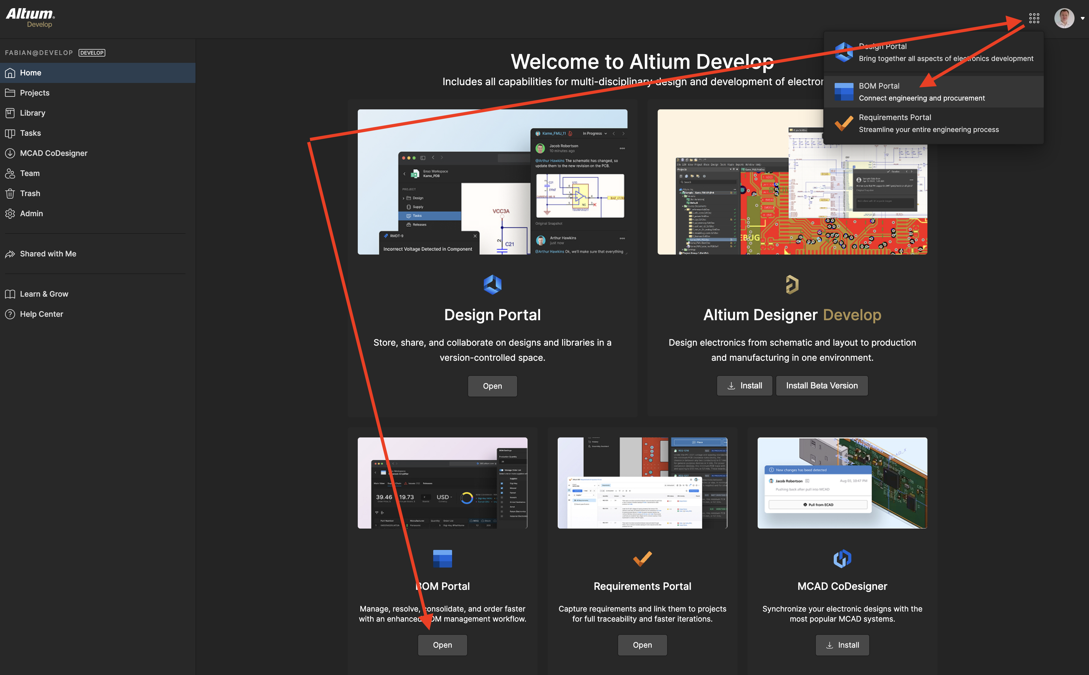 Access BOM Portal through the 9-dot menu in your Altium&nbsp;365 Workspace
