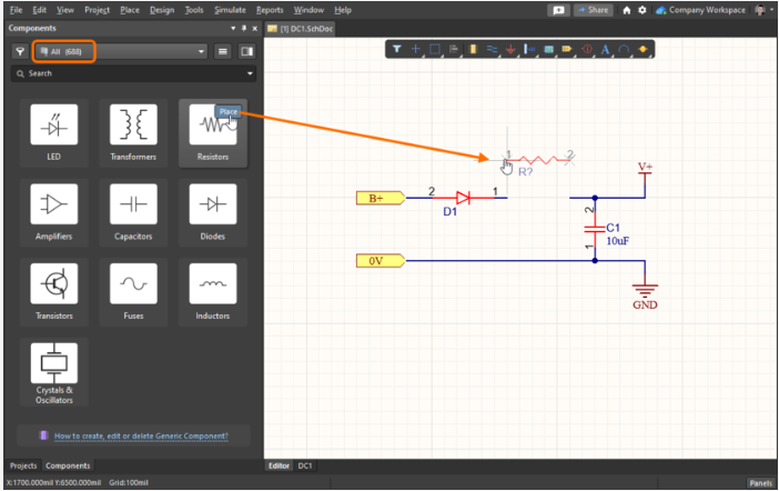 Placing a generic component from the Components panel