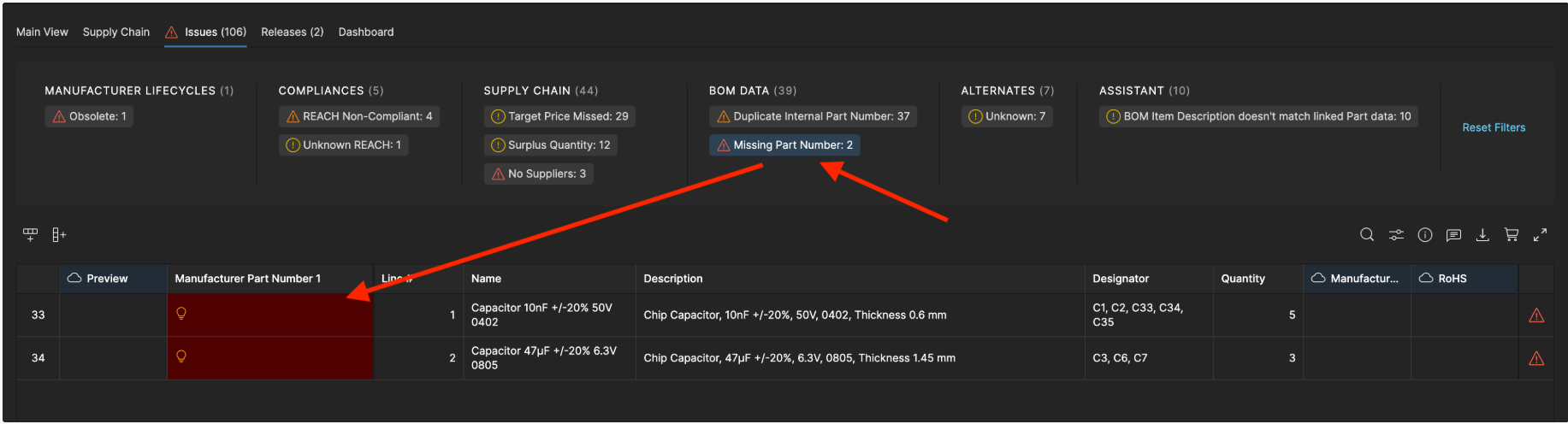 Filter for missing part numbers in the Issues tab