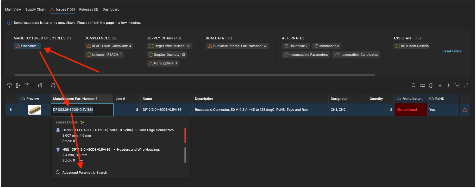 Use the Advanced Parametric Search for deeper part searches
