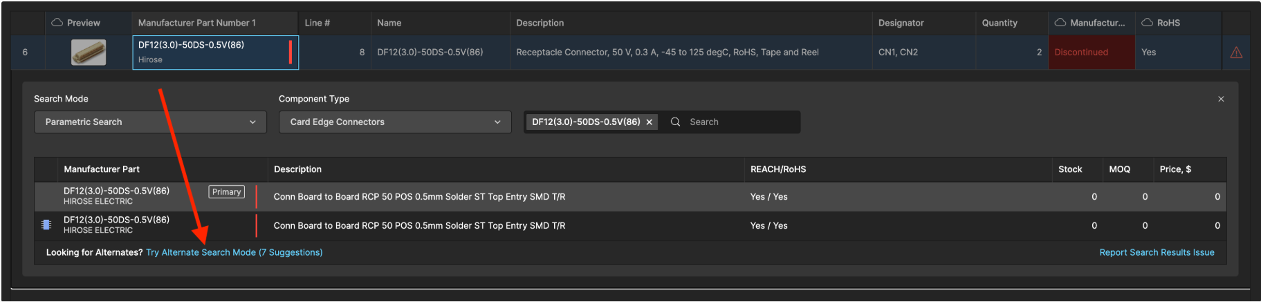 Select Try Alternate Search Mode to find similar parts to the originally selected one