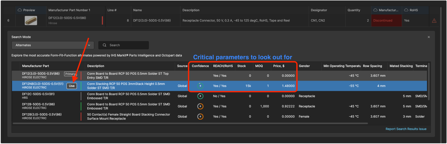 Check critical parameters and select the part you want to use in the BOM