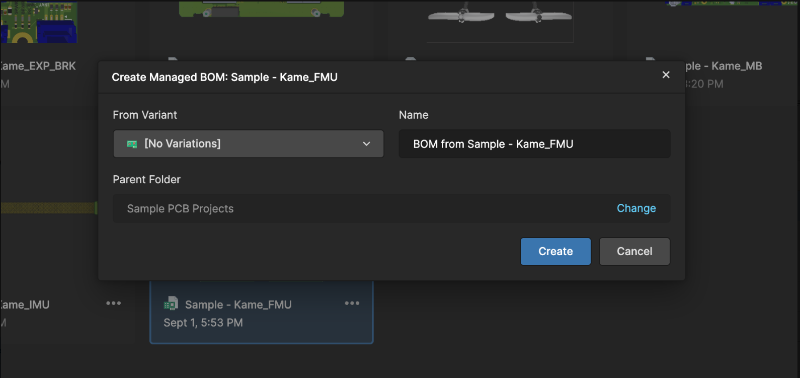Select the PCB variant, define BOM name and the folder where the managed BOM should be stored