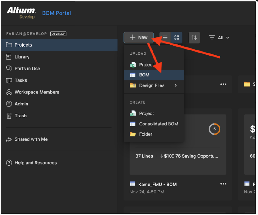 Upload an existing BOM through the Workspace menu