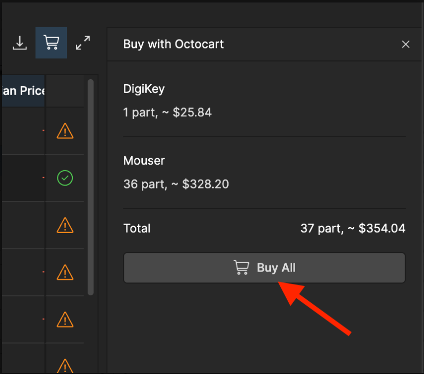 After a last review, click Buy All to add all parts to the checkout cart of the suppliers.  From the supplier pages you can now buy the parts with a few more clicks