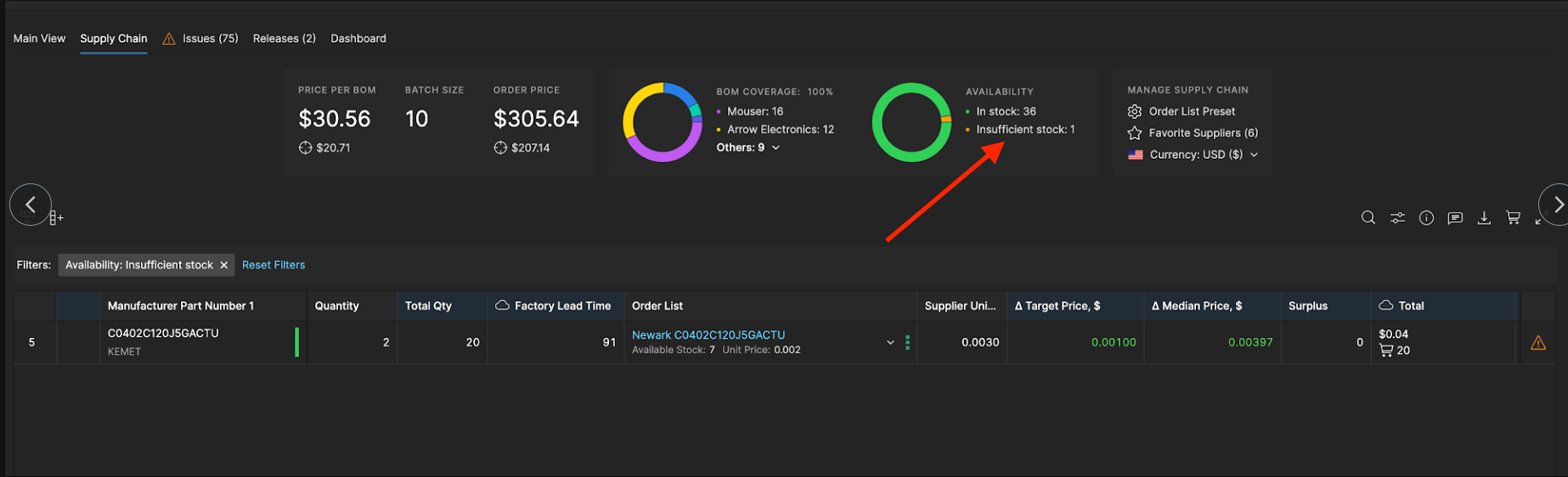Filter for issues (e.g. Insufficient Stock).