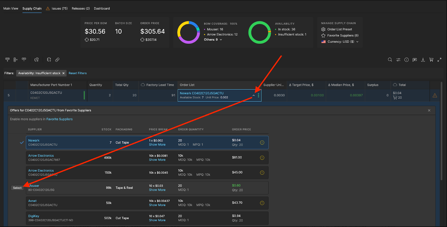 Select your part and change the order list for a part with sufficient stock.
